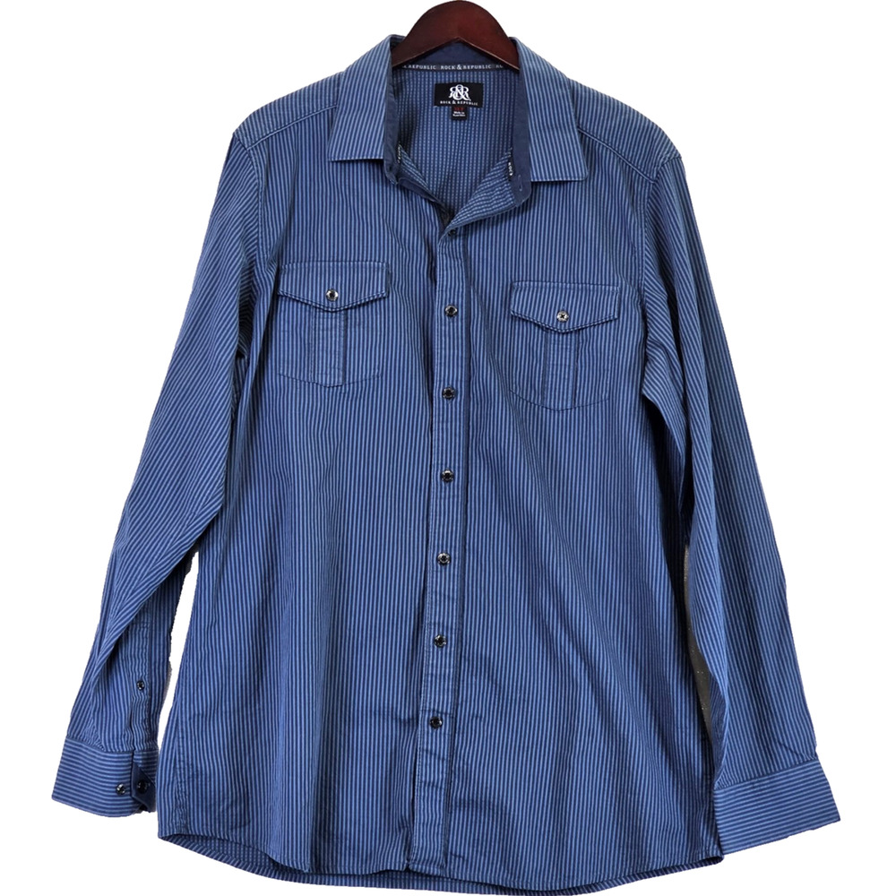 Rock & Republic Men's Shirt Long Sleeve Button Up 100% Cotton Textured Stripe XL